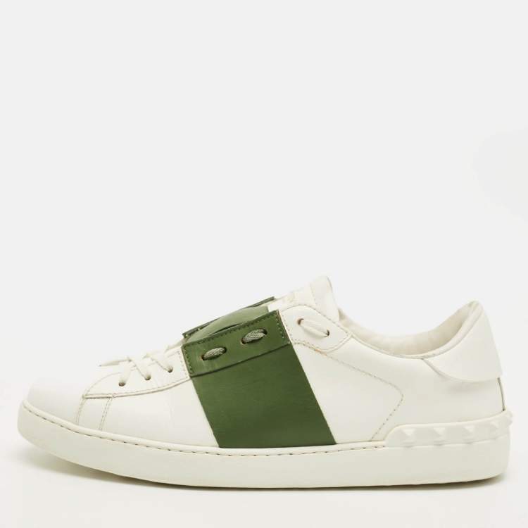 Pre Owned Valentino Open Size 43 White/Green Leather Lace Up Sneakers