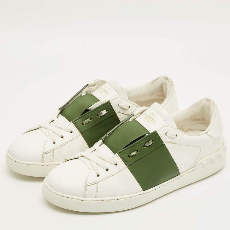 Pre Owned Valentino Open Size 43 White/Green Leather Lace Up Sneakers