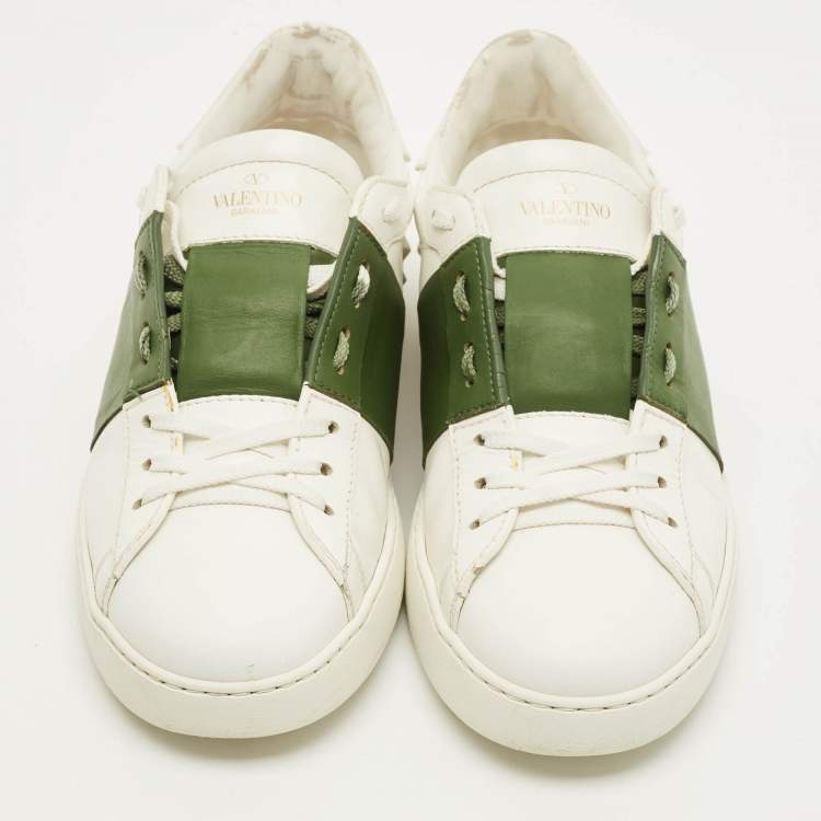 Pre Owned Valentino Open Size 43 White/Green Leather Lace Up Sneakers