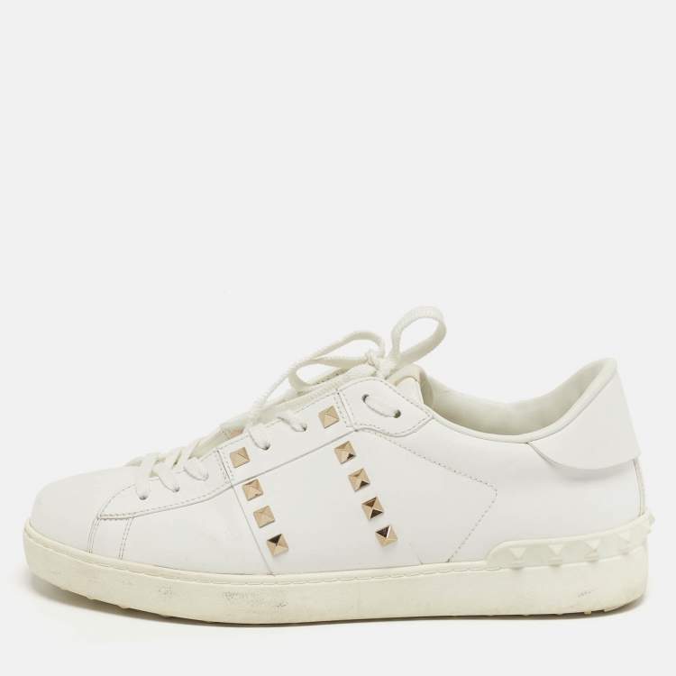 Pre Owned Valentino Rockstud Size 42 White Leather Lace Up Sneakers