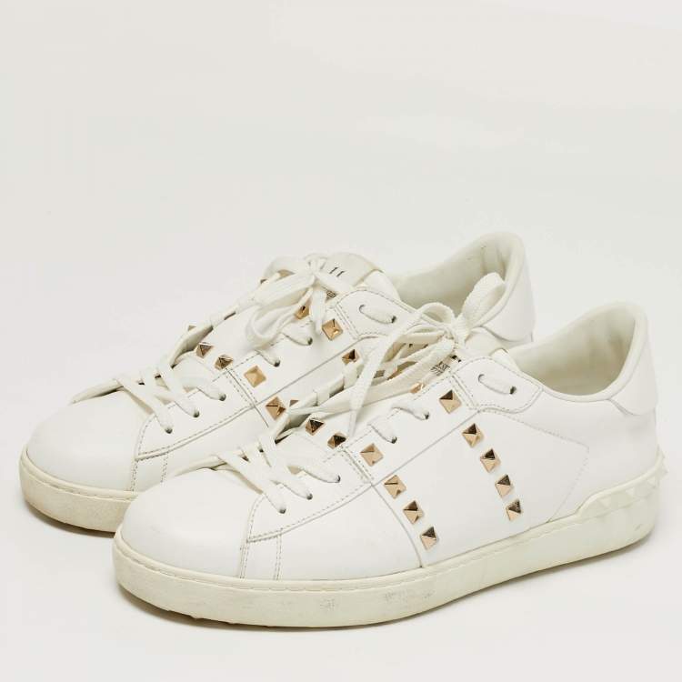 Pre Owned Valentino Rockstud Size 42 White Leather Lace Up Sneakers