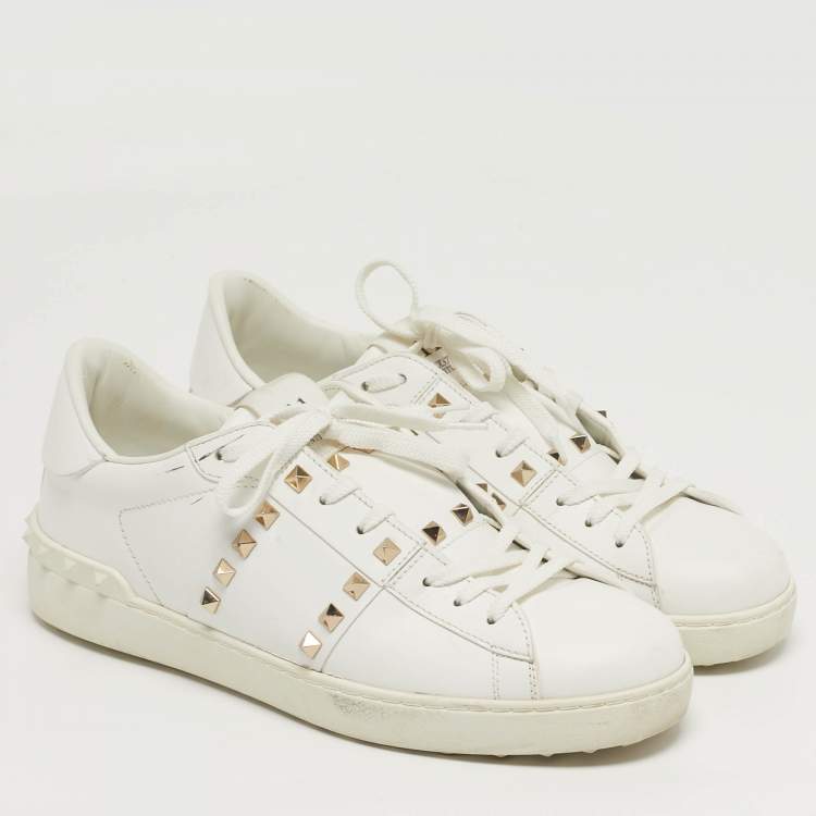 Pre Owned Valentino Rockstud Size 42 White Leather Lace Up Sneakers