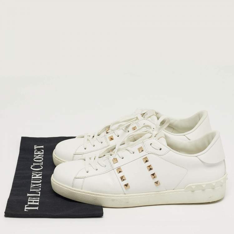 Pre Owned Valentino Rockstud Size 42 White Leather Lace Up Sneakers