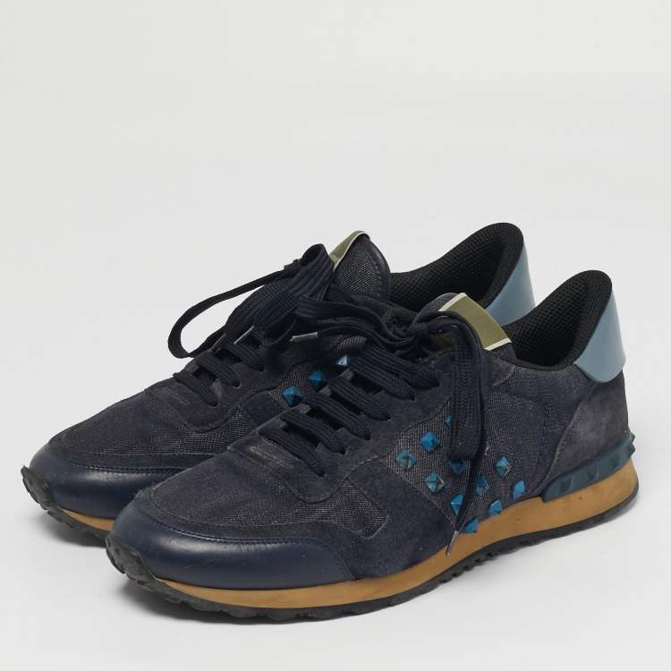 Pre Owned Valentino Rockrunner Size 42 Navy Blue Leather and Suede Lace Up Sneakers