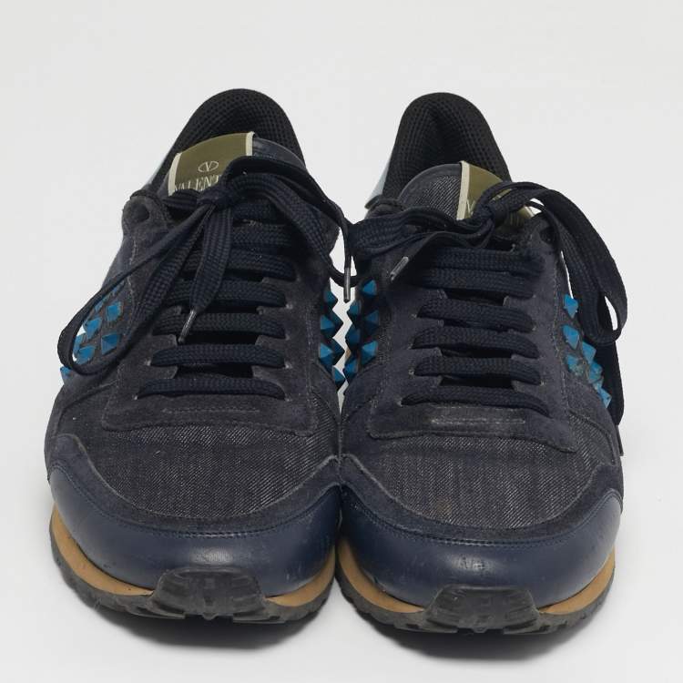 Pre Owned Valentino Rockrunner Size 42 Navy Blue Leather and Suede Lace Up Sneakers