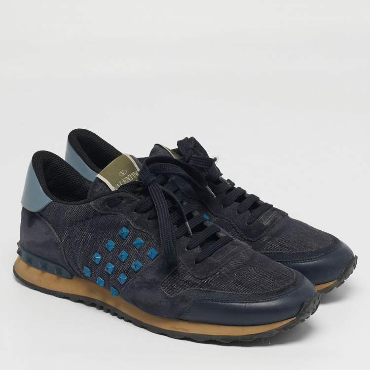 Pre Owned Valentino Rockrunner Size 42 Navy Blue Leather and Suede Lace Up Sneakers