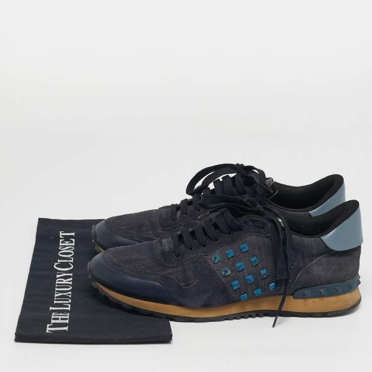 Pre Owned Valentino Rockrunner Size 42 Navy Blue Leather and Suede Lace Up Sneakers