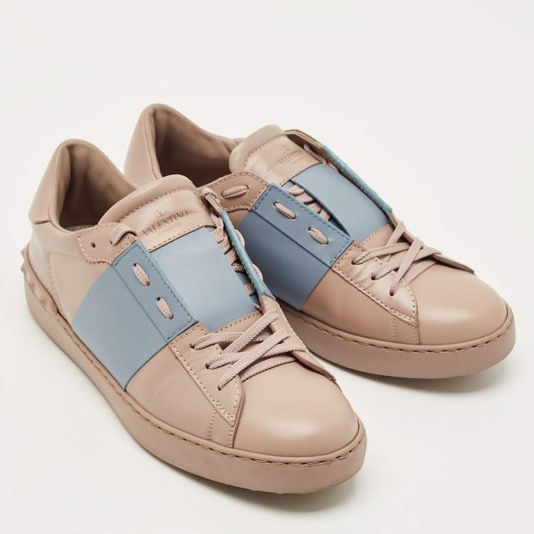 Pre Owned Valentino Open Size 43 Beige/Blue Leather Lace Up Sneakers