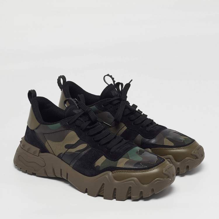 Pre Owned Valentino Rockrunner Size 43.5 Multicolor Camo Print Leather and Suede Sneakers