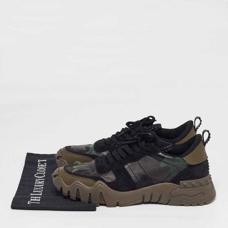 Pre Owned Valentino Rockrunner Size 43.5 Multicolor Camo Print Leather and Suede Sneakers
