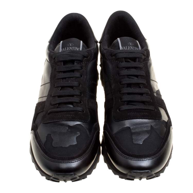 Pre Owned Valentino Black Camouflage Leather and Suede Rockrunner Sneakers Size 42