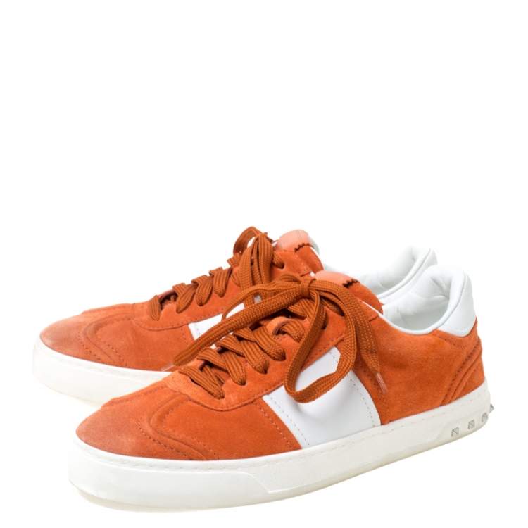 Pre Owned Valentino Orange Suede And White Leather Flycrew Low Top Sneakers Size 40