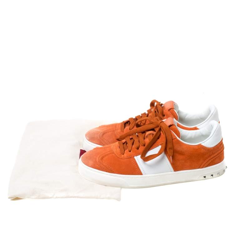 Pre Owned Valentino Orange Suede And White Leather Flycrew Low Top Sneakers Size 40
