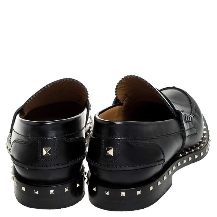 Pre Owned Valentino Black Leather Soul Rockstud Penny Loafers Size 40