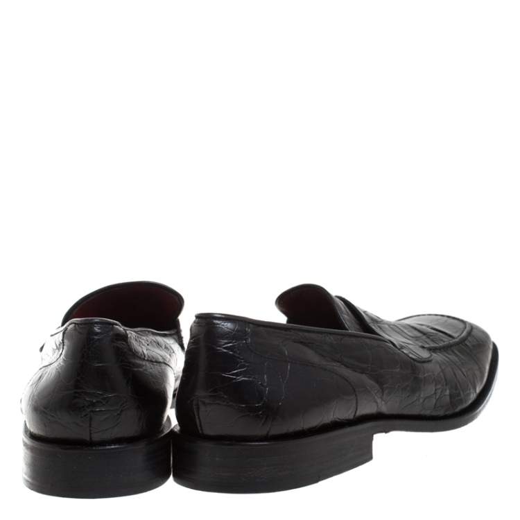 Pre Owned Valentino Black Croc Embossed Leather Slip On Loafer Size 45