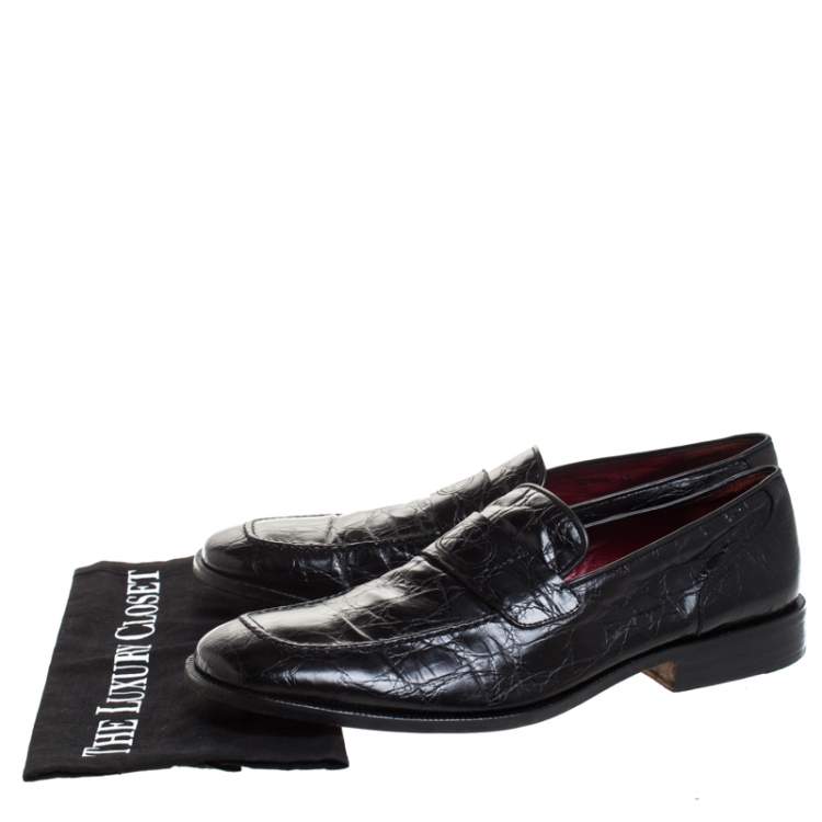 Pre Owned Valentino Black Croc Embossed Leather Slip On Loafer Size 45