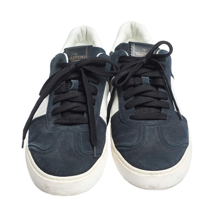 Pre Owned Valentino Blue/White Suede and Leather Flycrew Lace Up Sneakers Size 41