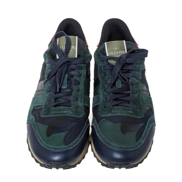 Pre Owned Valentino Blue/Green Camouflage Canvas And Suede Leather Rockrunner Low Top Sneakers Size 43