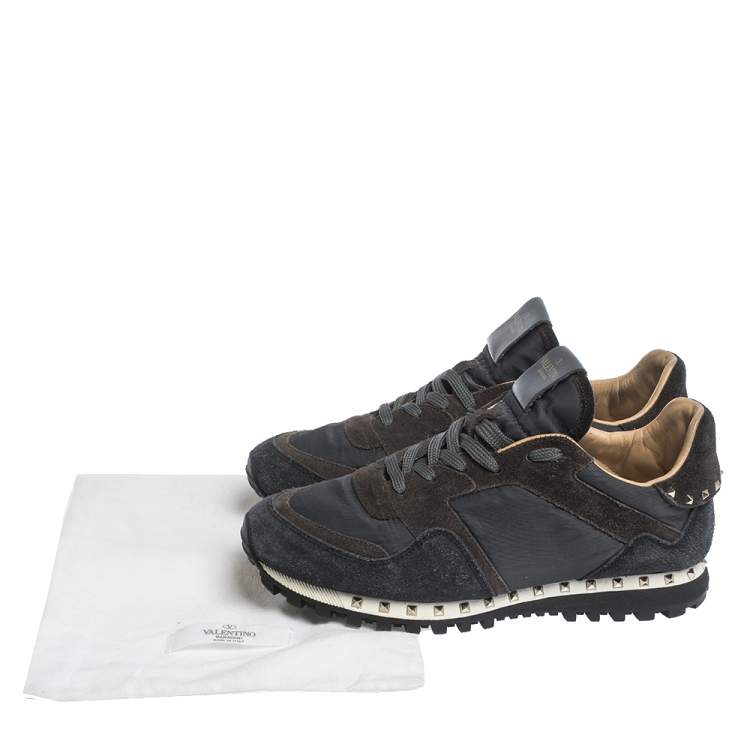Pre Owned Valentino Dark Blue/Grey Suede And Camo Nylon Rockstud Sneakers Size 40