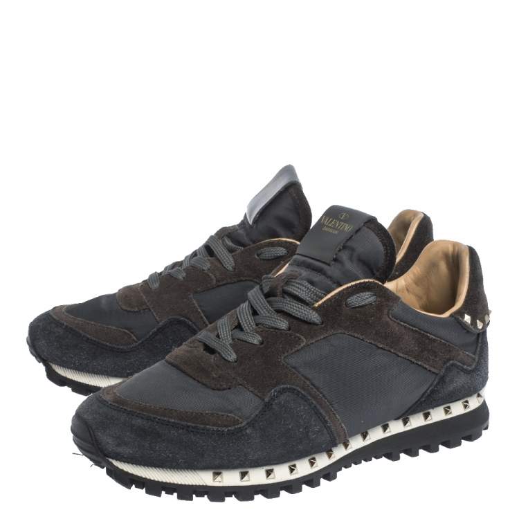 Pre Owned Valentino Dark Blue/Grey Suede And Camo Nylon Rockstud Sneakers Size 40