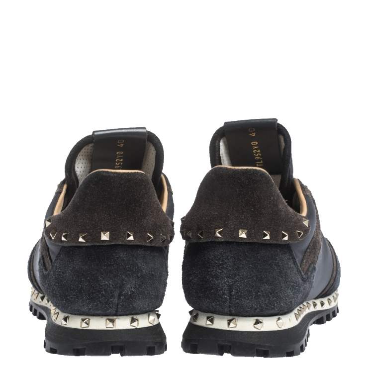 Pre Owned Valentino Dark Blue/Grey Suede And Camo Nylon Rockstud Sneakers Size 40