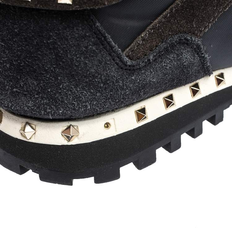 Pre Owned Valentino Dark Blue/Grey Suede And Camo Nylon Rockstud Sneakers Size 40