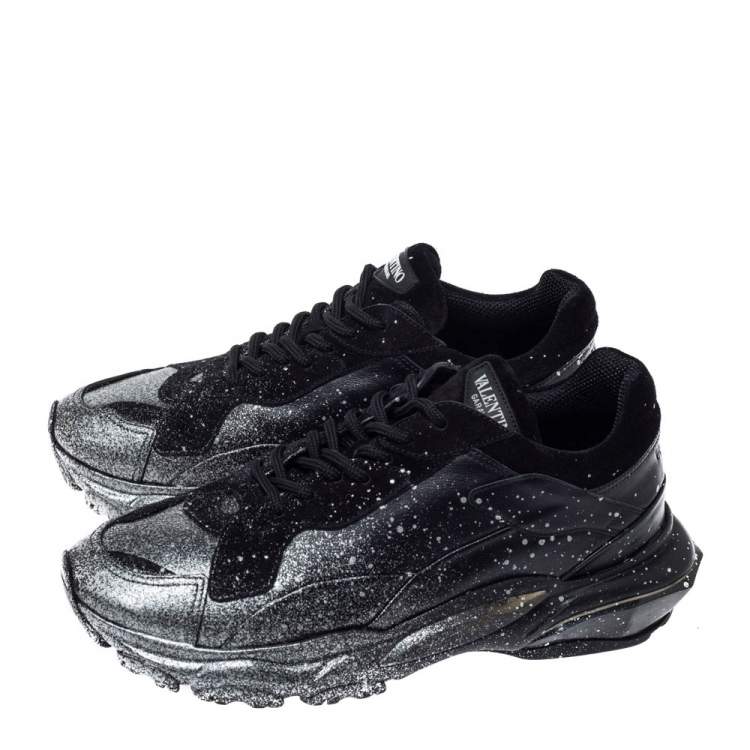 Pre Owned Valentino Black Leather And Suede Spray Effect Bounce Low Top Lace Up Sneakers Size 41