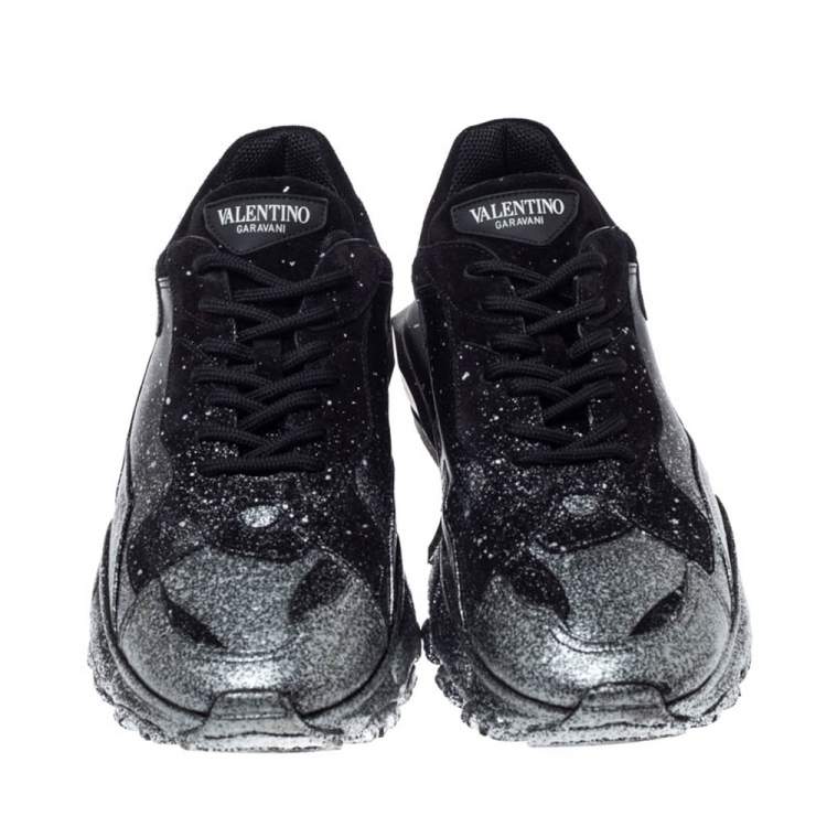 Pre Owned Valentino Black Leather And Suede Spray Effect Bounce Low Top Lace Up Sneakers Size 41
