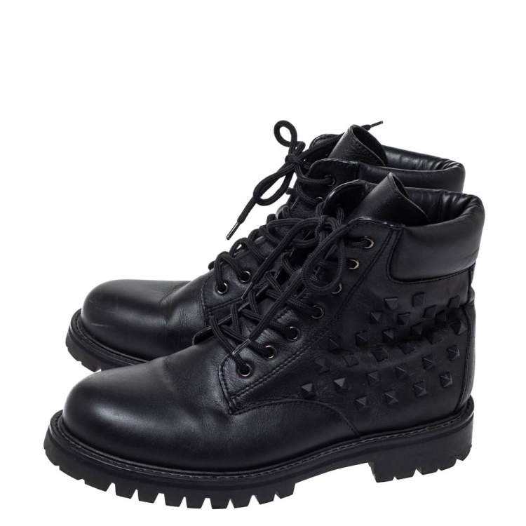 Pre Owned Valentino Black Leather Rockstud Combat Boots Size 40