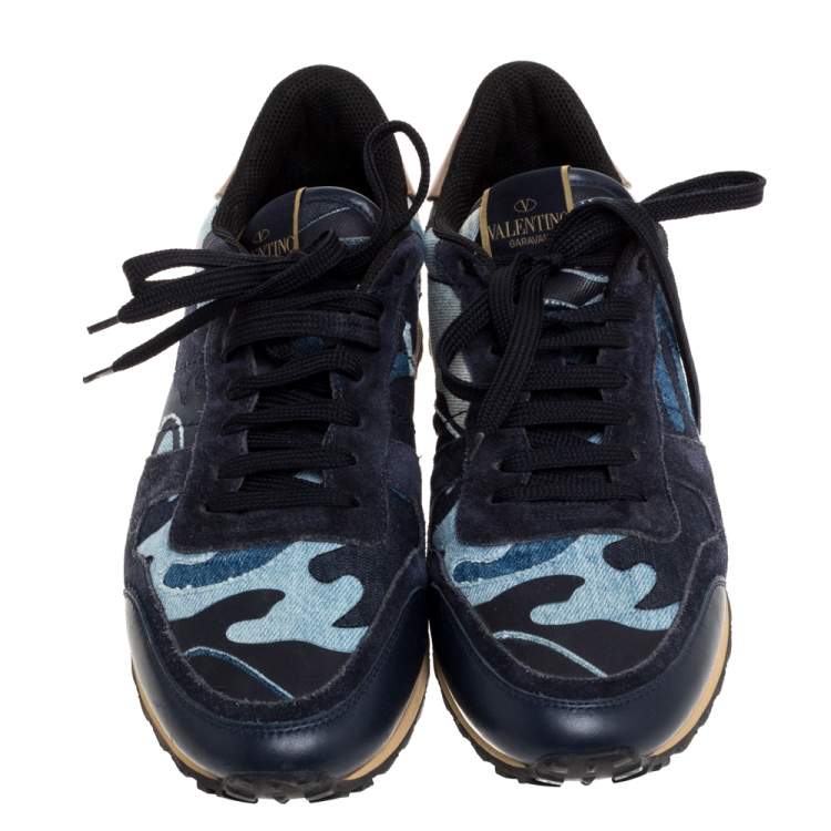 Pre Owned Valentino Multicolor Camouflage Leather And Suede Rockrunner Low Top Sneakers Size 42