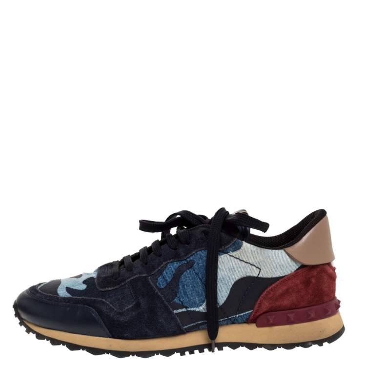 Pre Owned Valentino Multicolor Camouflage Leather And Suede Rockrunner Low Top Sneakers Size 42