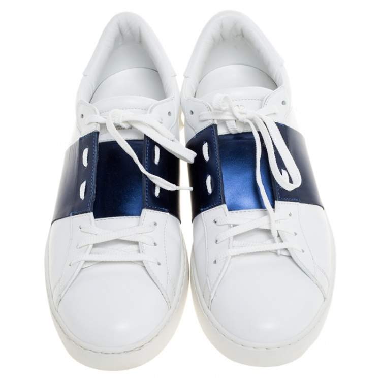 Pre Owned Valentino White and Navy Blue Band Leather Open Low Top Sneakers Size 45