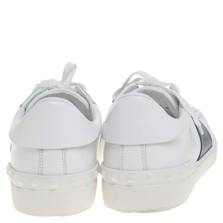 Pre Owned Valentino White and Navy Blue Band Leather Open Low Top Sneakers Size 45