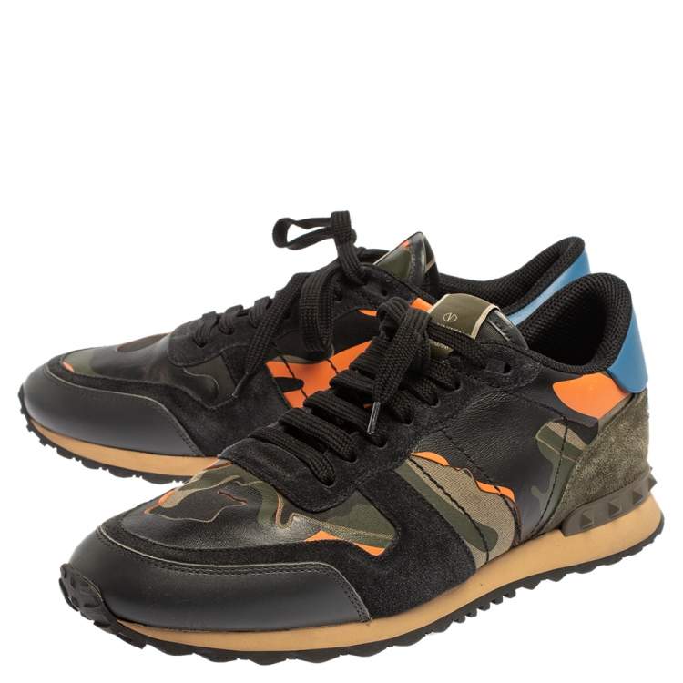 Pre Owned Valentino Multicolor Suede And Leather Camouflage Rockrunner Low Top Sneakers Size 43