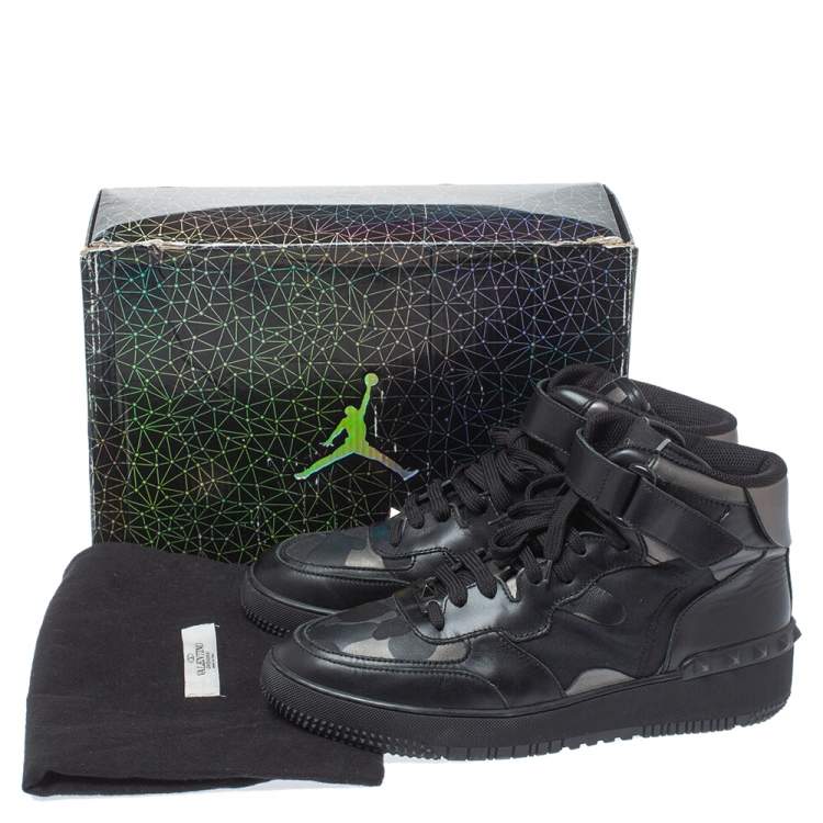 Pre Owned Valentino Black Leather And Canvas Camouflage High Top Sneakers Size 44