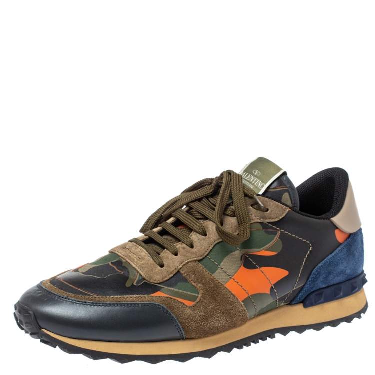 Pre Owned Valentino Multicolor Camouflage Printed Canvas/Leather and Suede Rockrunner Sneakers Size 45