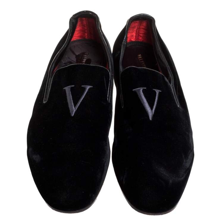Pre Owned Valentino Black Velvet V Logo loafers Size 44