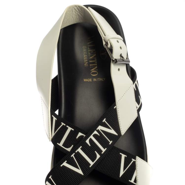 Pre Owned Valentino Black/White Leather And Nylon Logo Print Cross Strap Sandals Size 40