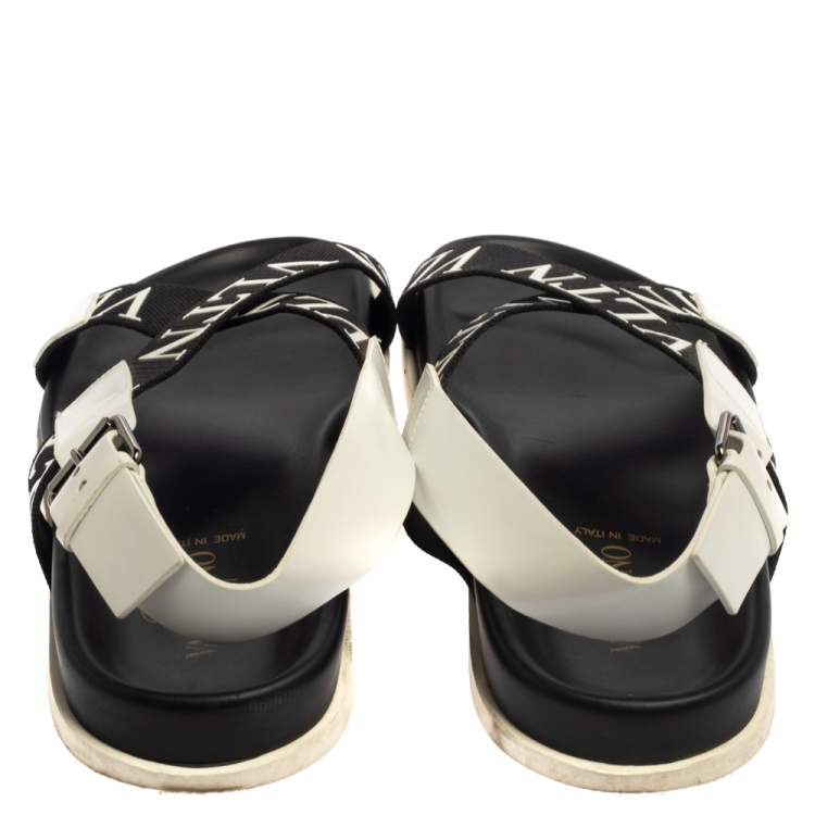 Pre Owned Valentino Black/White Leather And Nylon Logo Print Cross Strap Sandals Size 40