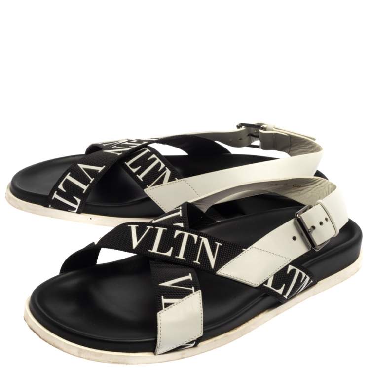 Pre Owned Valentino Black/White Leather And Nylon Logo Print Cross Strap Sandals Size 40