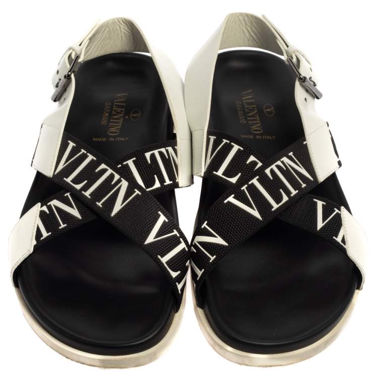 Pre Owned Valentino Black/White Leather And Nylon Logo Print Cross Strap Sandals Size 40