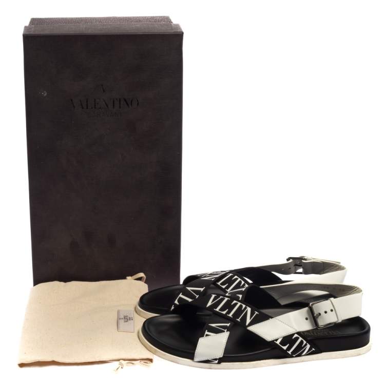Pre Owned Valentino Black/White Leather And Nylon Logo Print Cross Strap Sandals Size 40