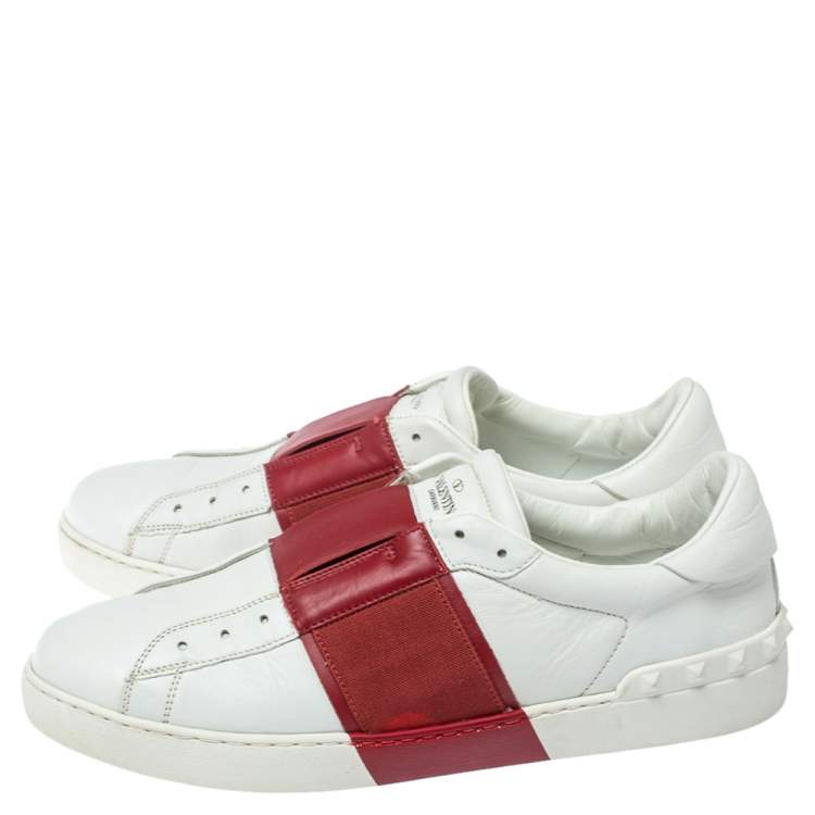 Pre Owned Valentino Red/White Leather Elastic Band Sneakers Size 43