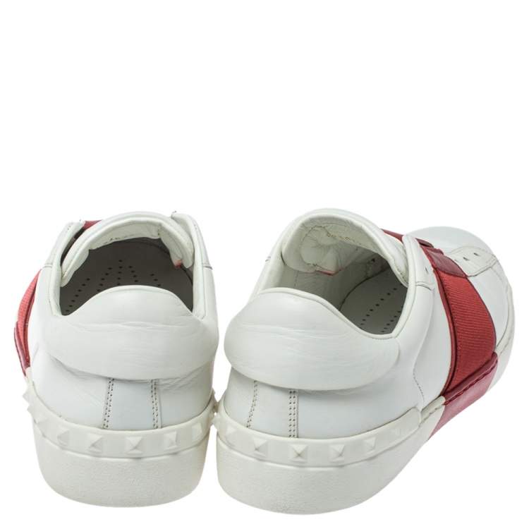 Pre Owned Valentino Red/White Leather Elastic Band Sneakers Size 43