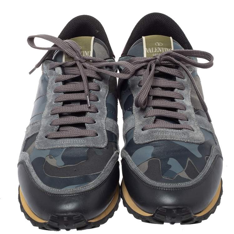 Pre Owned Valentino Multicolor Suede And Leather Camouflage Rockrunner Low Top Sneakers Size 45