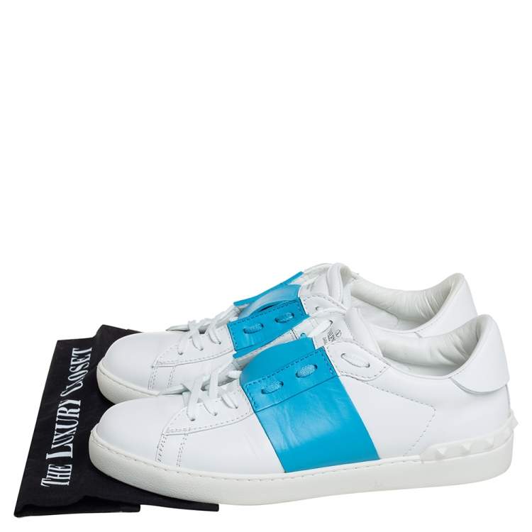 Pre Owned Valentino White/Blue Leather Rockstud Sneakers Size 42