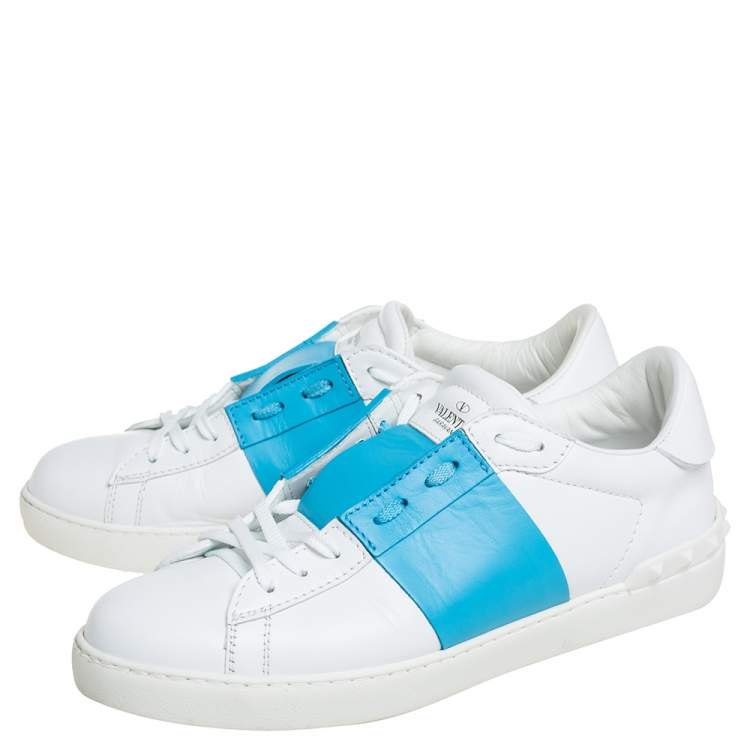 Pre Owned Valentino White/Blue Leather Rockstud Sneakers Size 42