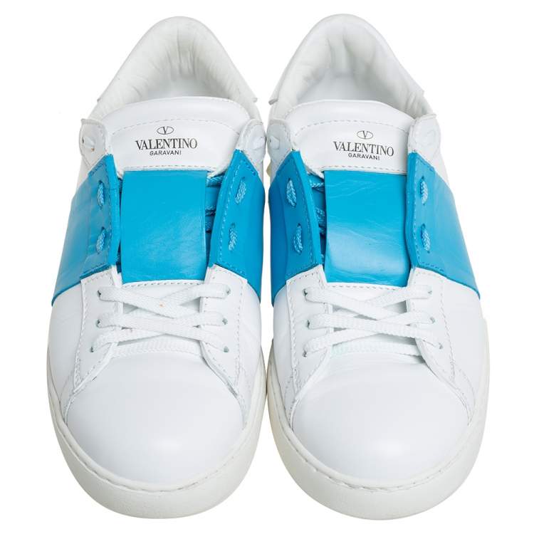 Pre Owned Valentino White/Blue Leather Rockstud Sneakers Size 42