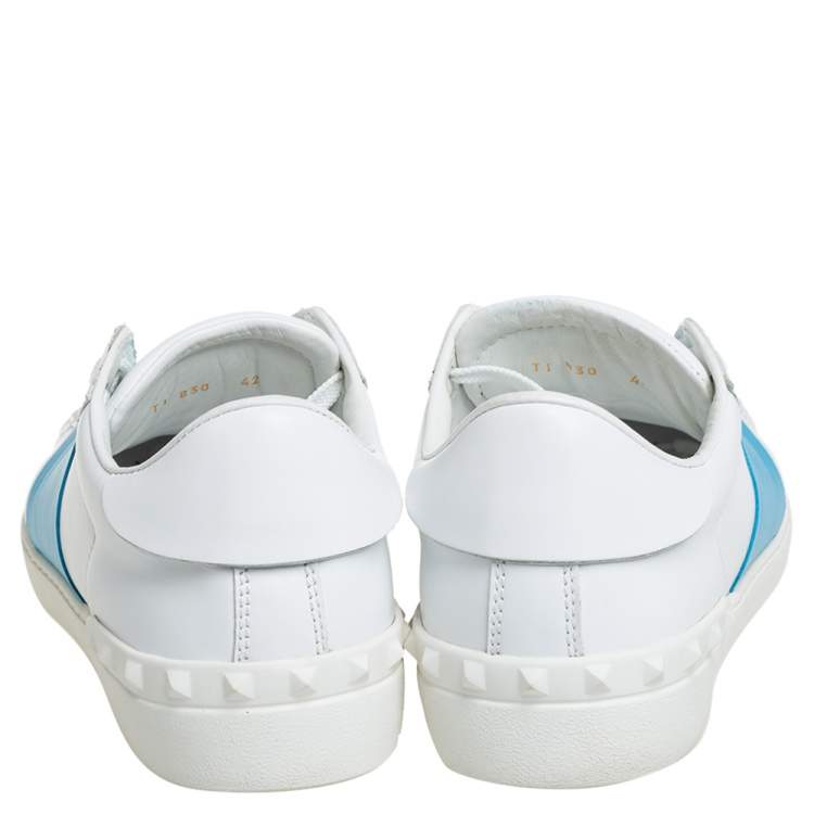 Pre Owned Valentino White/Blue Leather Rockstud Sneakers Size 42