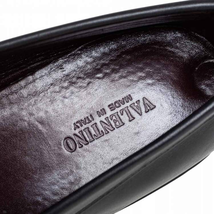 Pre Owned Valentino Black Leather V Logo Slip On Loafers Size 41